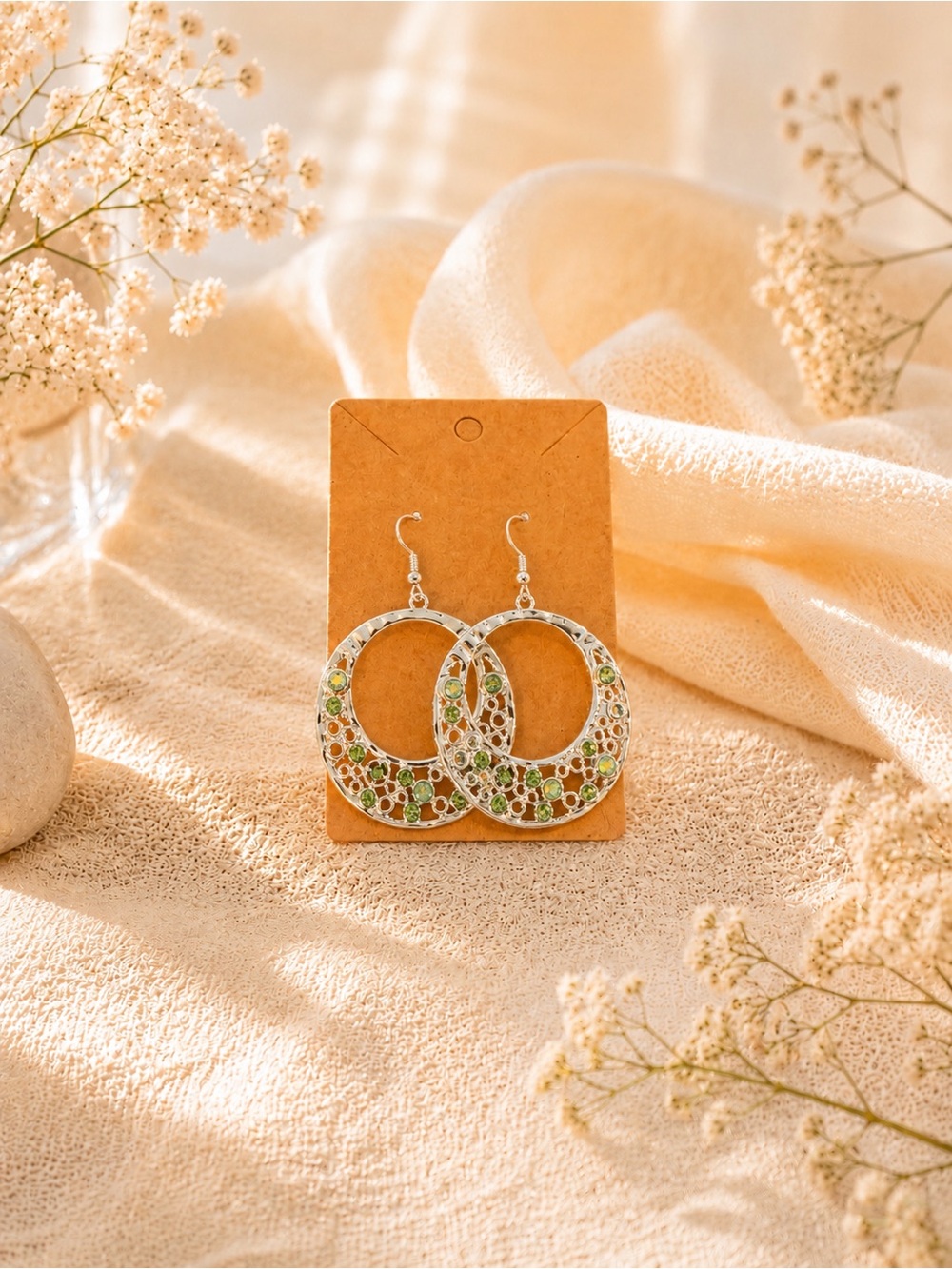Delicate Silver Hoop Earrings with Green Accent Stones Fashion Jewelry NWOT